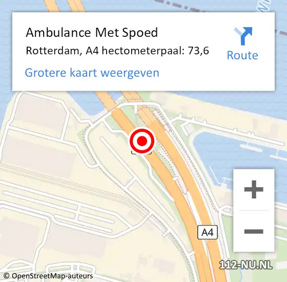 Locatie op kaart van de 112 melding: Ambulance Met Spoed Naar Rotterdam, A4 hectometerpaal: 73,6 op 8 maart 2024 06:17