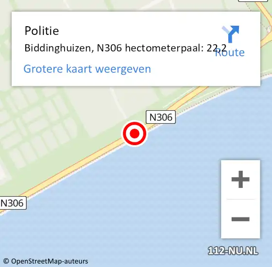 Locatie op kaart van de 112 melding: Politie Biddinghuizen, N306 hectometerpaal: 22,2 op 28 september 2014 12:59