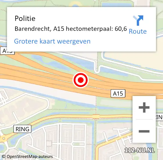 Locatie op kaart van de 112 melding: Politie Barendrecht, A15 hectometerpaal: 60,6 op 8 maart 2024 08:12