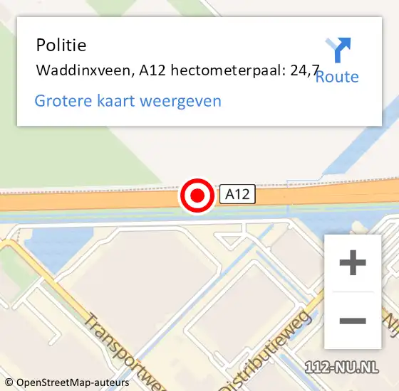 Locatie op kaart van de 112 melding: Politie Waddinxveen, A12 hectometerpaal: 24,7 op 8 maart 2024 12:48