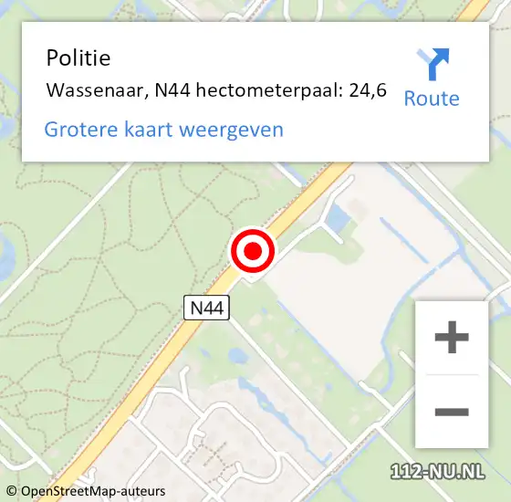 Locatie op kaart van de 112 melding: Politie Wassenaar, N44 hectometerpaal: 24,6 op 8 maart 2024 13:56