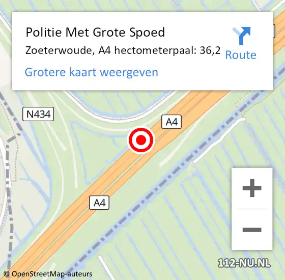 Locatie op kaart van de 112 melding: Politie Met Grote Spoed Naar Zoeterwoude, A4 hectometerpaal: 36,2 op 8 maart 2024 15:14