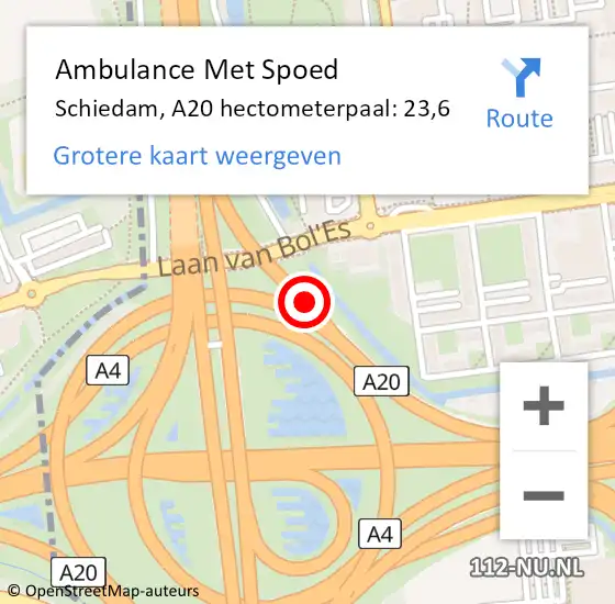 Locatie op kaart van de 112 melding: Ambulance Met Spoed Naar Schiedam, A20 hectometerpaal: 23,6 op 8 maart 2024 16:02