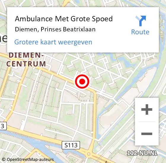 Locatie op kaart van de 112 melding: Ambulance Met Grote Spoed Naar Diemen, Prinses Beatrixlaan op 8 maart 2024 16:31