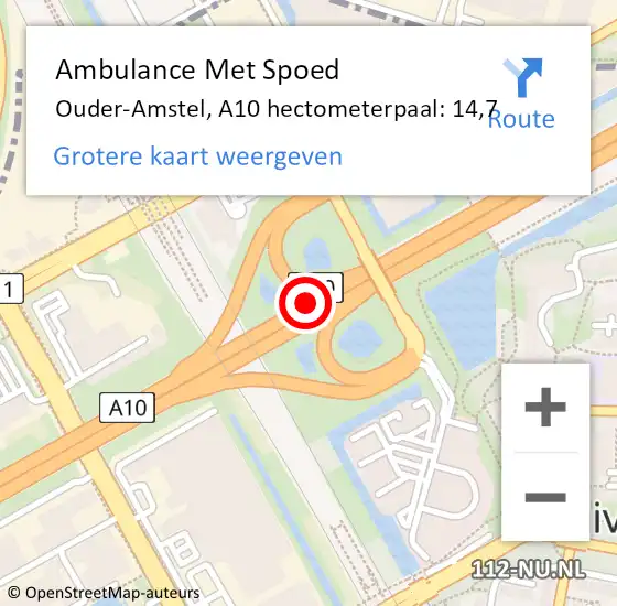 Locatie op kaart van de 112 melding: Ambulance Met Spoed Naar Ouder-Amstel, A10 hectometerpaal: 14,7 op 8 maart 2024 17:37