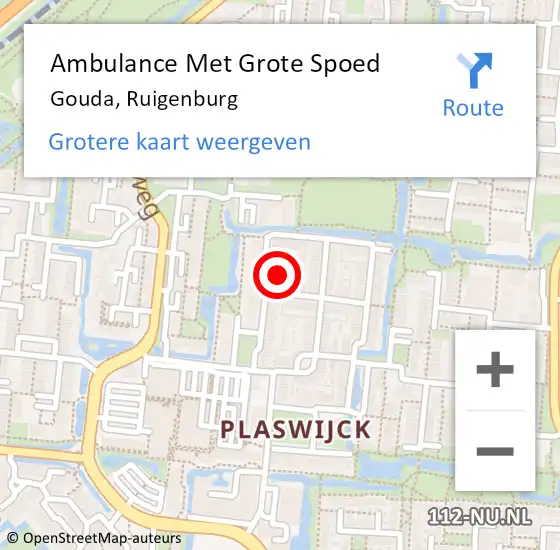 Locatie op kaart van de 112 melding: Ambulance Met Grote Spoed Naar Gouda, Ruigenburg op 9 maart 2024 06:20