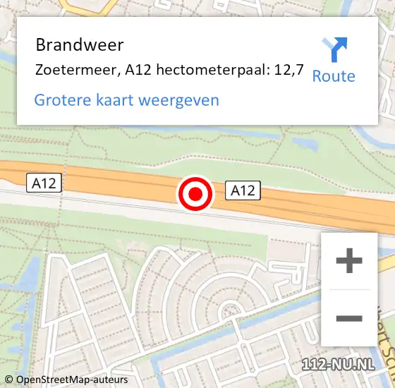 Locatie op kaart van de 112 melding: Brandweer Zoetermeer, A12 hectometerpaal: 12,7 op 9 maart 2024 08:25