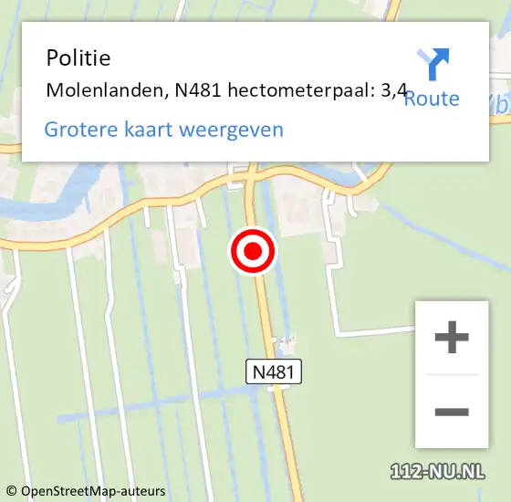 Locatie op kaart van de 112 melding: Politie Molenlanden, N481 hectometerpaal: 3,4 op 9 maart 2024 09:30