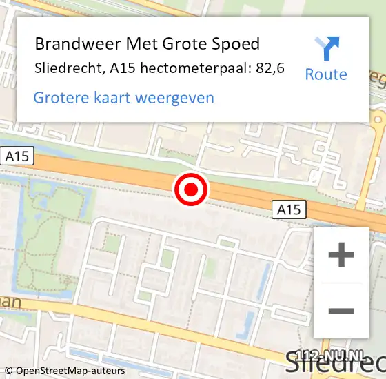 Locatie op kaart van de 112 melding: Brandweer Met Grote Spoed Naar Sliedrecht, A15 hectometerpaal: 82,6 op 9 maart 2024 10:43