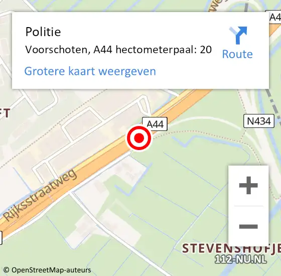 Locatie op kaart van de 112 melding: Politie Voorschoten, A44 hectometerpaal: 20 op 9 maart 2024 15:26