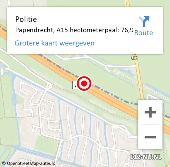 Locatie op kaart van de 112 melding: Politie Papendrecht, A15 hectometerpaal: 76,9 op 9 maart 2024 16:26