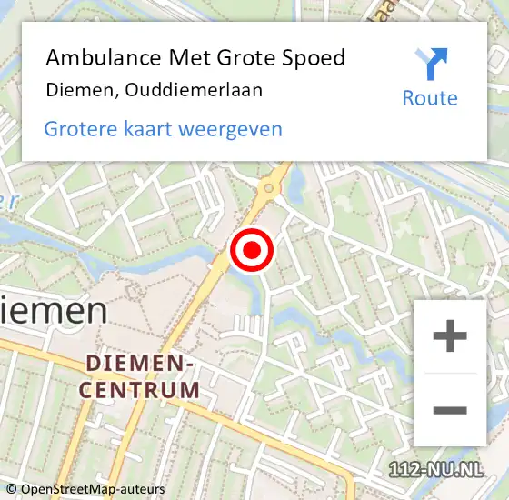 Locatie op kaart van de 112 melding: Ambulance Met Grote Spoed Naar Diemen, Ouddiemerlaan op 9 maart 2024 17:03