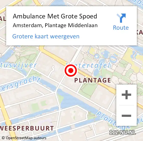 Locatie op kaart van de 112 melding: Ambulance Met Grote Spoed Naar Amsterdam, Plantage Middenlaan op 9 maart 2024 22:16