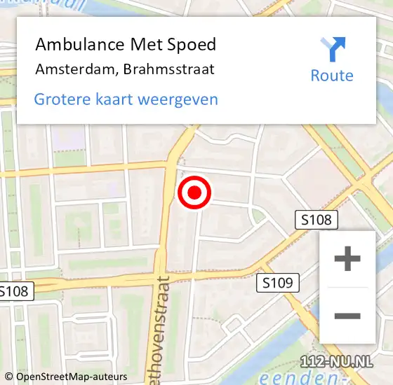 Locatie op kaart van de 112 melding: Ambulance Met Spoed Naar Amsterdam, Brahmsstraat op 10 maart 2024 11:20