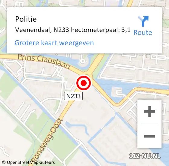 Locatie op kaart van de 112 melding: Politie Veenendaal, N233 hectometerpaal: 3,1 op 10 maart 2024 15:37