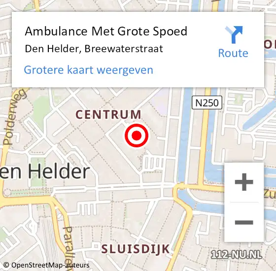 Locatie op kaart van de 112 melding: Ambulance Met Grote Spoed Naar Den Helder, Breewaterstraat op 10 maart 2024 19:17