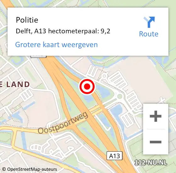 Locatie op kaart van de 112 melding: Politie Delft, A13 hectometerpaal: 9,2 op 10 maart 2024 21:02
