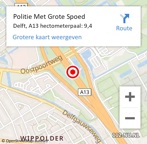 Locatie op kaart van de 112 melding: Politie Met Grote Spoed Naar Delft, A13 hectometerpaal: 9,4 op 10 maart 2024 21:18