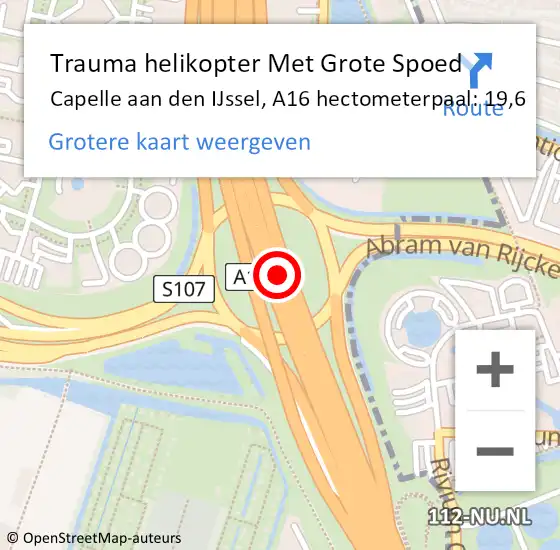 Locatie op kaart van de 112 melding: Trauma helikopter Met Grote Spoed Naar Capelle aan den IJssel, A16 hectometerpaal: 19,6 op 11 maart 2024 06:46
