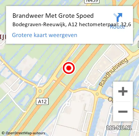 Locatie op kaart van de 112 melding: Brandweer Met Grote Spoed Naar Bodegraven-Reeuwijk, A12 hectometerpaal: 32,6 op 11 maart 2024 07:38