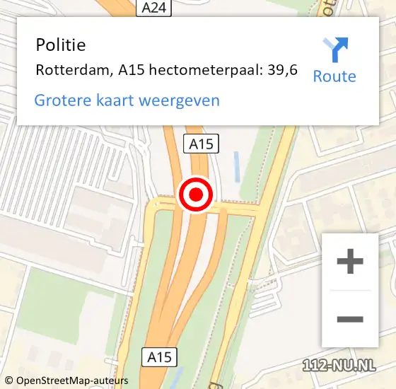 Locatie op kaart van de 112 melding: Politie Rotterdam, A15 hectometerpaal: 39,6 op 11 maart 2024 09:25