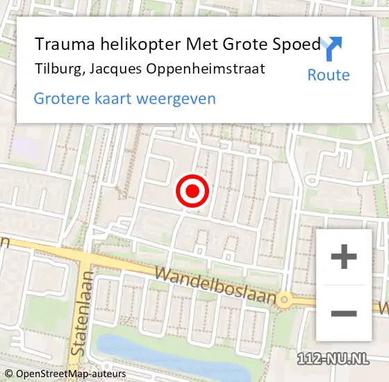 Locatie op kaart van de 112 melding: Trauma helikopter Met Grote Spoed Naar Tilburg, Jacques Oppenheimstraat op 11 maart 2024 11:01
