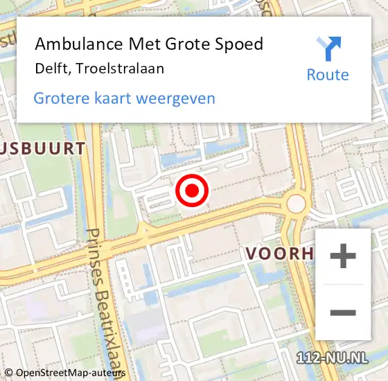 Locatie op kaart van de 112 melding: Ambulance Met Grote Spoed Naar Delft, Troelstralaan op 11 maart 2024 12:21