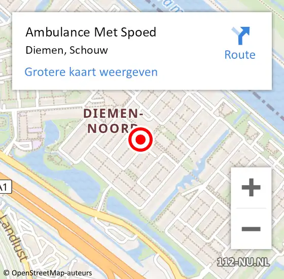 Locatie op kaart van de 112 melding: Ambulance Met Spoed Naar Diemen, Schouw op 11 maart 2024 13:46