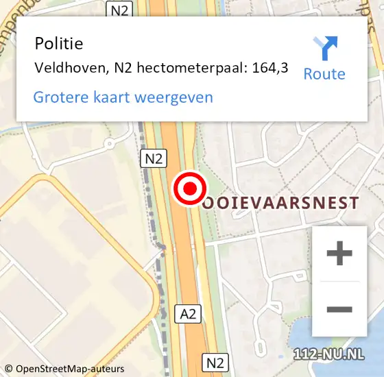 Locatie op kaart van de 112 melding: Politie Veldhoven, N2 hectometerpaal: 164,3 op 11 maart 2024 16:38