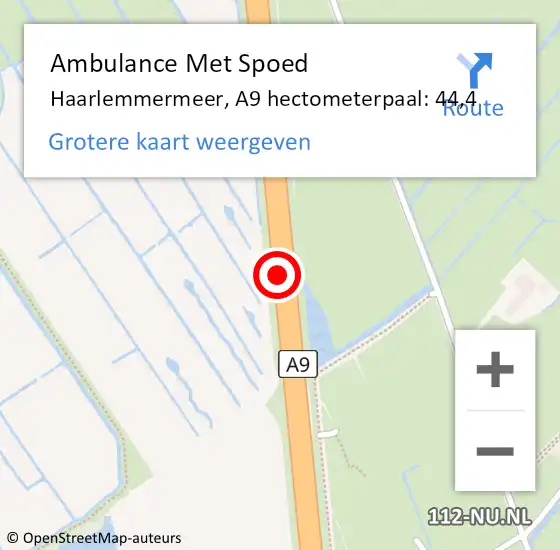 Locatie op kaart van de 112 melding: Ambulance Met Spoed Naar Haarlemmermeer, A9 hectometerpaal: 44,4 op 11 maart 2024 17:16