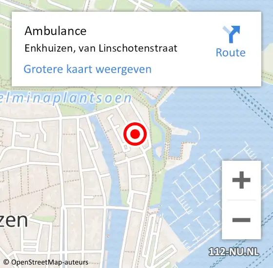 Locatie op kaart van de 112 melding: Ambulance Enkhuizen, van Linschotenstraat op 11 maart 2024 18:14