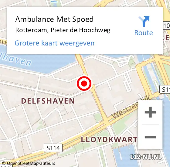 Locatie op kaart van de 112 melding: Ambulance Met Spoed Naar Rotterdam, Pieter de Hoochweg op 11 maart 2024 19:20