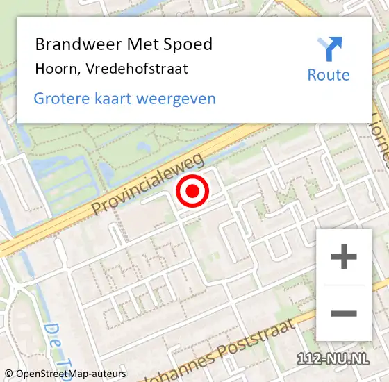 Locatie op kaart van de 112 melding: Brandweer Met Spoed Naar Hoorn, Vredehofstraat op 11 maart 2024 19:48