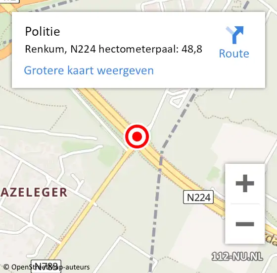 Locatie op kaart van de 112 melding: Politie Renkum, N224 hectometerpaal: 48,8 op 12 maart 2024 06:11
