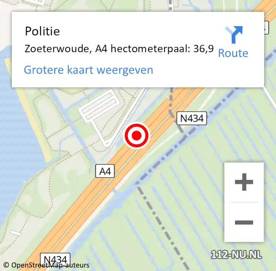 Locatie op kaart van de 112 melding: Politie Zoeterwoude, A4 hectometerpaal: 36,9 op 12 maart 2024 07:27