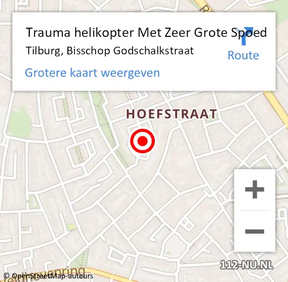 Locatie op kaart van de 112 melding: Trauma helikopter Met Zeer Grote Spoed Naar Tilburg, Bisschop Godschalkstraat op 12 maart 2024 09:58
