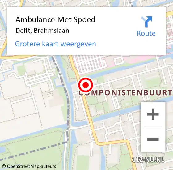 Locatie op kaart van de 112 melding: Ambulance Met Spoed Naar Delft, Brahmslaan op 12 maart 2024 10:18
