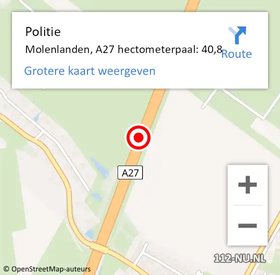 Locatie op kaart van de 112 melding: Politie Molenlanden, A27 hectometerpaal: 40,8 op 12 maart 2024 11:08
