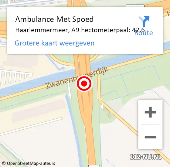 Locatie op kaart van de 112 melding: Ambulance Met Spoed Naar Haarlemmermeer, A9 hectometerpaal: 42,6 op 12 maart 2024 11:18