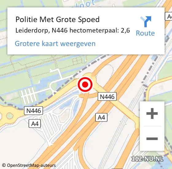 Locatie op kaart van de 112 melding: Politie Met Grote Spoed Naar Leiderdorp, N446 hectometerpaal: 2,6 op 12 maart 2024 14:03