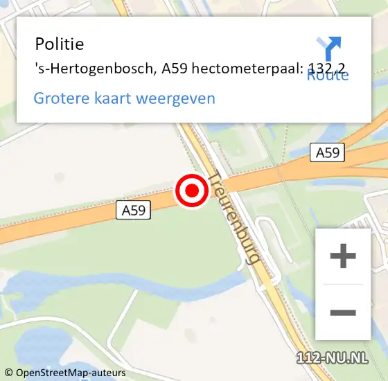 Locatie op kaart van de 112 melding: Politie 's-Hertogenbosch, A59 hectometerpaal: 132,2 op 12 maart 2024 14:05