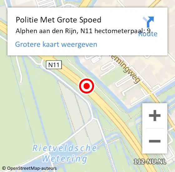 Locatie op kaart van de 112 melding: Politie Met Grote Spoed Naar Alphen aan den Rijn, N11 hectometerpaal: 9 op 12 maart 2024 15:25