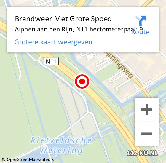Locatie op kaart van de 112 melding: Brandweer Met Grote Spoed Naar Alphen aan den Rijn, N11 hectometerpaal: 9 op 12 maart 2024 15:25