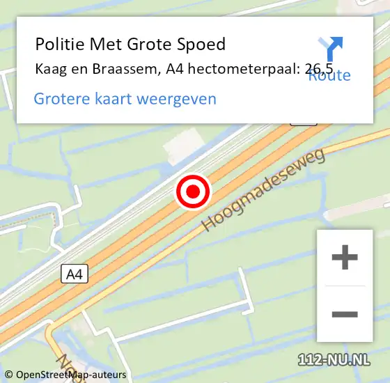 Locatie op kaart van de 112 melding: Politie Met Grote Spoed Naar Kaag en Braassem, A4 hectometerpaal: 26,5 op 12 maart 2024 15:36