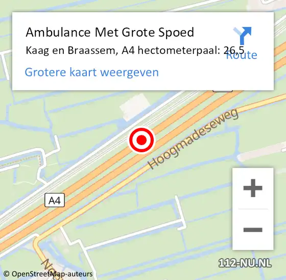 Locatie op kaart van de 112 melding: Ambulance Met Grote Spoed Naar Kaag en Braassem, A4 hectometerpaal: 26,5 op 12 maart 2024 15:37
