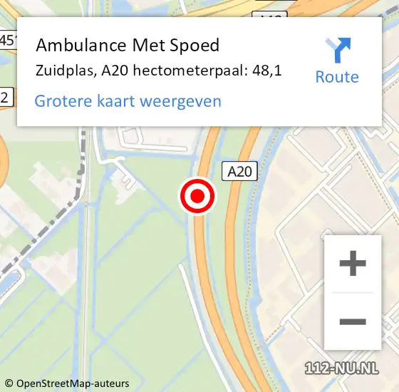 Locatie op kaart van de 112 melding: Ambulance Met Spoed Naar Zuidplas, A20 hectometerpaal: 48,1 op 12 maart 2024 15:46