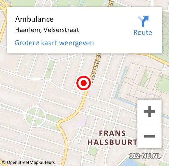 Locatie op kaart van de 112 melding: Ambulance Haarlem, Velserstraat op 12 maart 2024 15:52