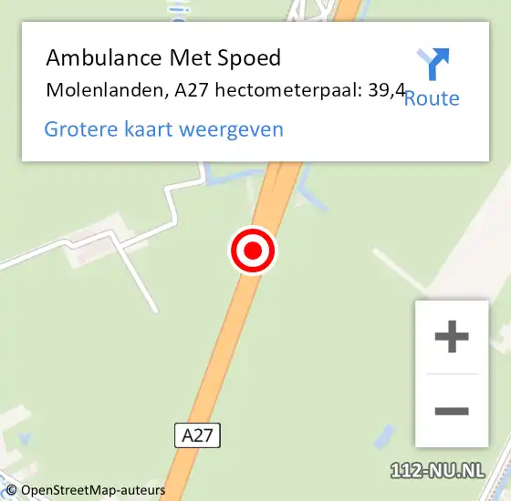 Locatie op kaart van de 112 melding: Ambulance Met Spoed Naar Molenlanden, A27 hectometerpaal: 39,4 op 12 maart 2024 18:53