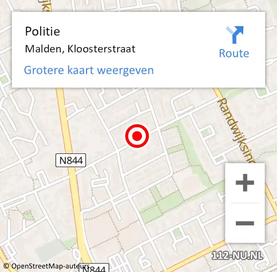 Locatie op kaart van de 112 melding: Politie Malden, Kloosterstraat op 12 maart 2024 19:05