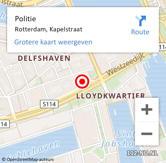Locatie op kaart van de 112 melding: Politie Rotterdam, Kapelstraat op 12 maart 2024 21:00
